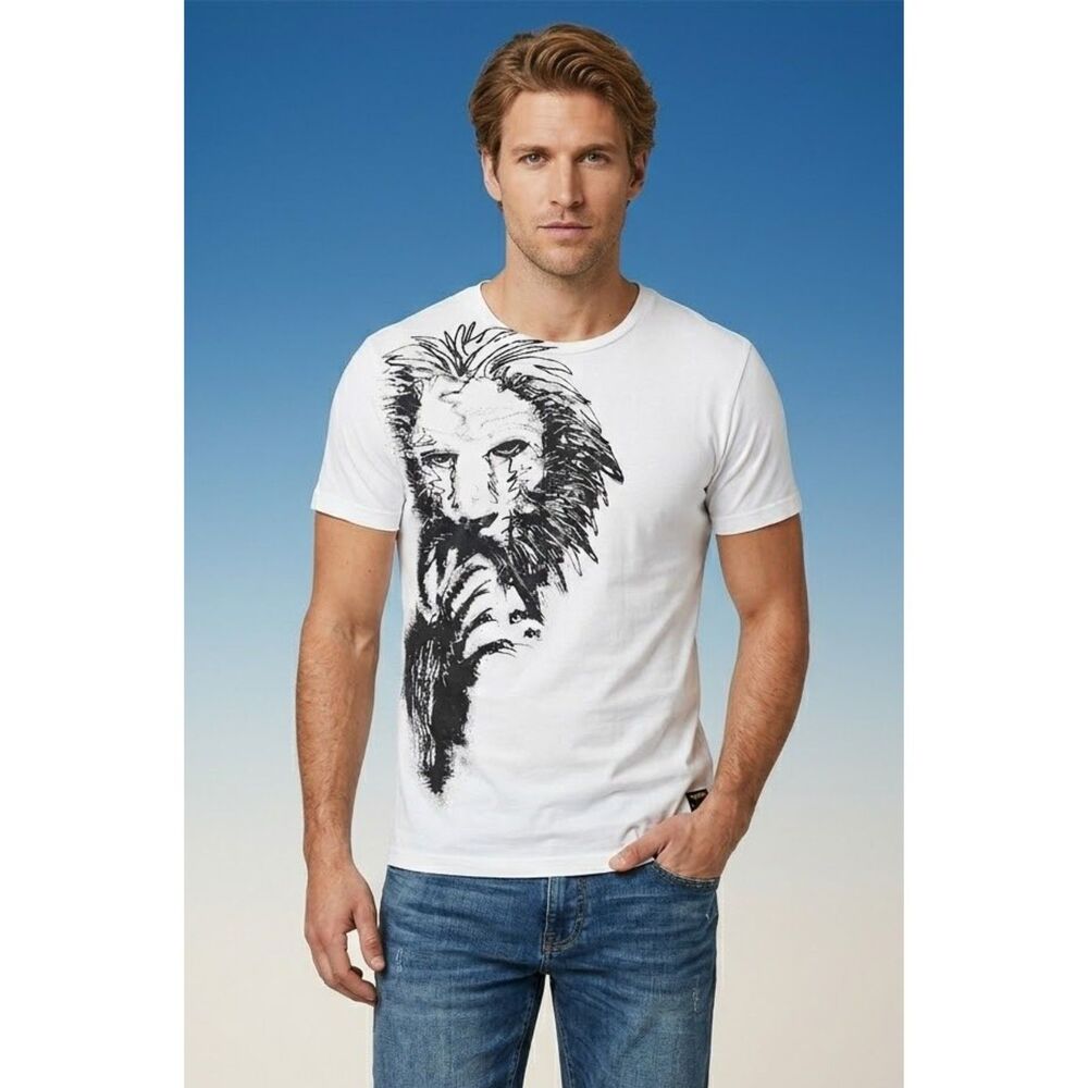 Vigoss Lion Graphic T Shirt Men's Sz. M White & Silver Black Embroidery Cotton